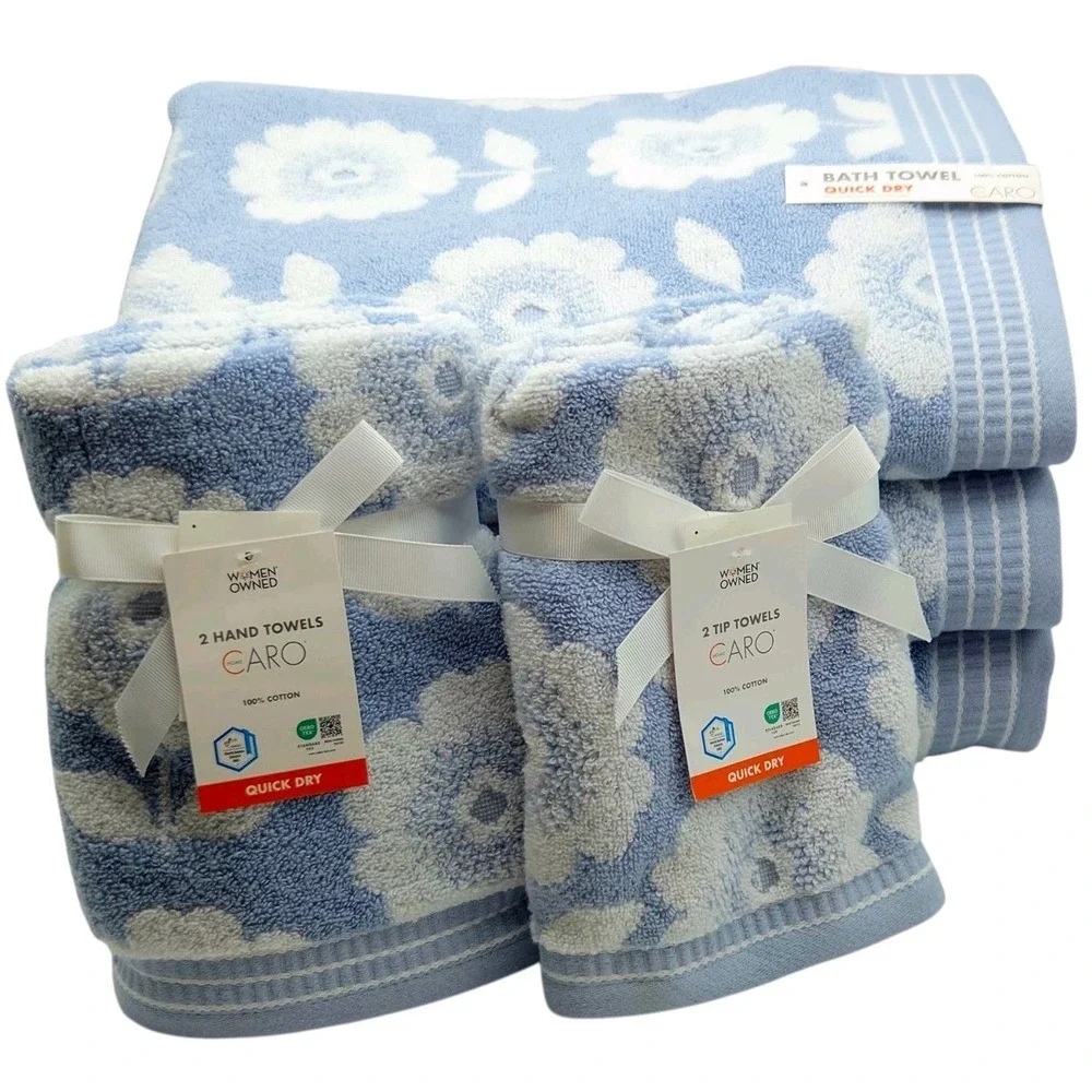 Caro Home 7pc Blue White Daisy Days Cotton Towel Set 3 Bath 2 Hand 2 Tip Cottage